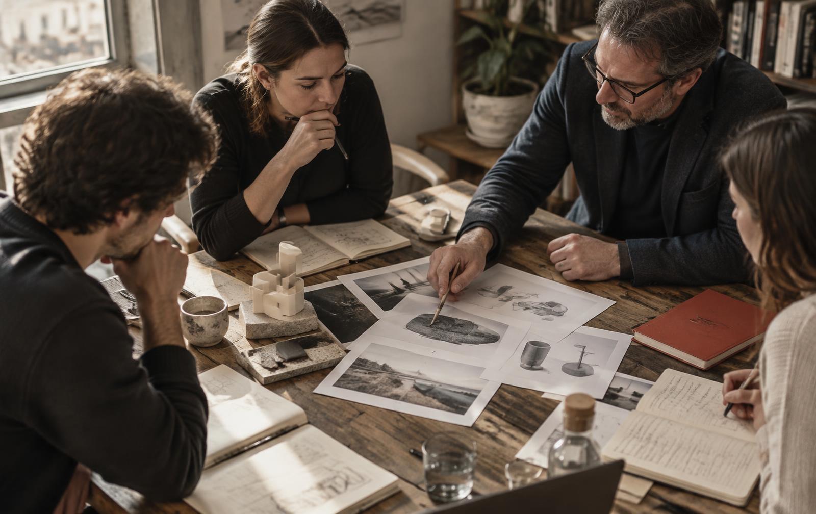 A mentor and founder team reviewing evidence around a workshop table